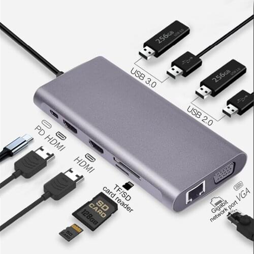 11 in 1 type-c hub USB3.0*2 USB2.0*2 VGA HD-MI VGA Gigabit Ethernet port PD SD Micro Top sale multi ports