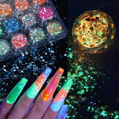 12 Pots Nail Art Sequins Luminous Glitter Symphony Flake Reflective Decoration Sequin Girls DIY Tools 3g/Jar Piece Paillette