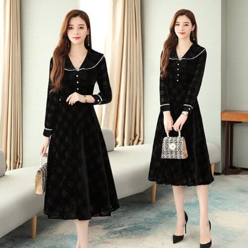 2020 Vintage Chic Velvet Midi Dresses Autumn Winter New Plus Size Long Sleeve Black Dress Elegant Women Bodycon Party Vestidos