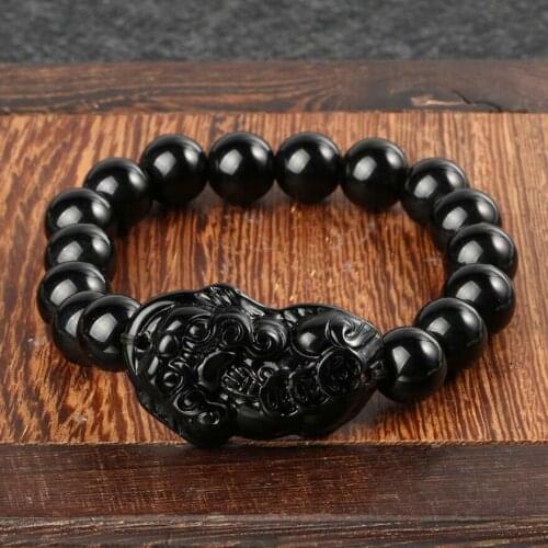 Feng Shui Pi Xiu Obsidian Black Stone Beads Bracelet Men Women Wristband Gold Wealth and Good Lucky Bracelets