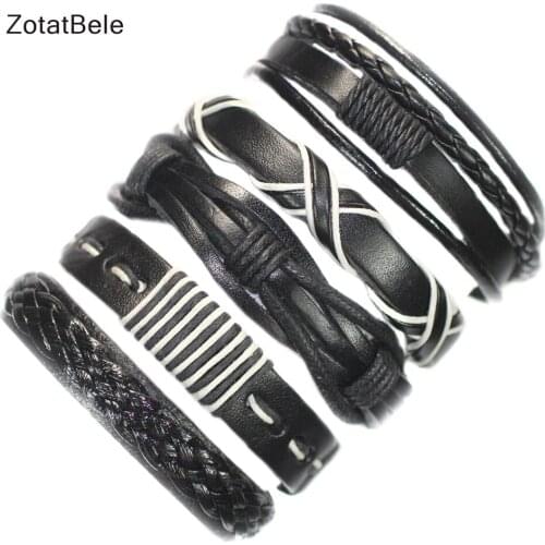 Wholesale bangle 5pcs/lot Braided genuine Black leather bracelet men Multilayer Rope Bracelets pulseira masculina F74