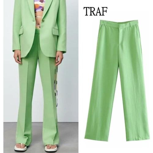 TRAF Za 2021 Women Green Pant High Waist Stright Pants Office Woman Casual Suits Pants Chic Pocket Female Blazer Trousers Suits