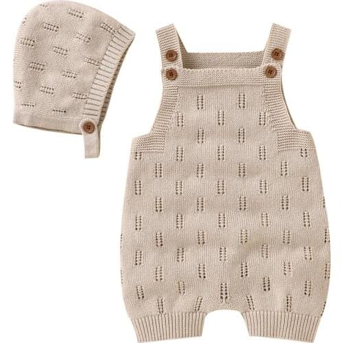 Infant Baby Sleeveless Knitted Jumpsuit Hat Summer Autumn Fashion Solid Color Hollow Out One Piece