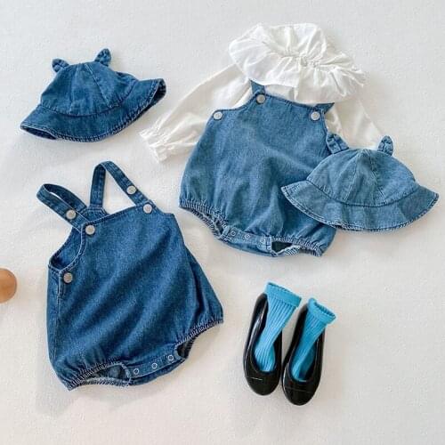 Autumn Toddler Boys Girls Denim Strap Bodysuits Infant Baby Cotton Long Sleeve Shirts Tops Kids Baby Girls Solid Casual Hat