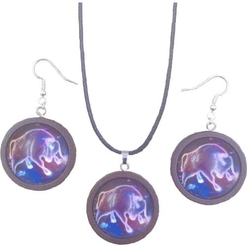 2021 Twelve Constellations Crystal Glue Jewelry Set Necklace&Earrings Wood Wooden Women Female Girl Drop Shipping AX025-036