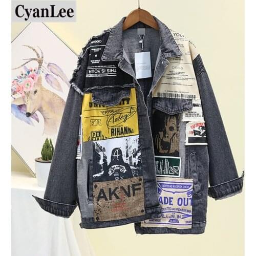 Cyanlee Vintage Full Sleeve Appliques Newspaper Pattern Large Size Black Denim Jacket Leisure Trend Coat 2020 Autumn New Arrlve