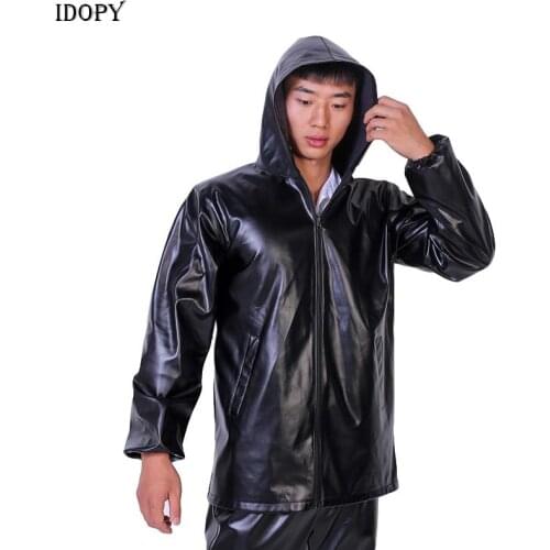 Idopy Men`s Faux Leather Jacket With Hood Windproof Waterproof Work PU Outdoor Hoodie Workwear Plus Size XL-5XL