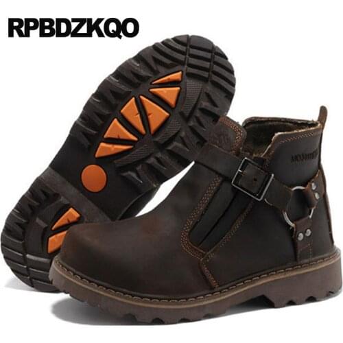 Vintage Harness Full Grain Leather Designer Winter Men Boots With Fur Short 2018 Brown Autumn Runway Ankle Warm Booties Shoes