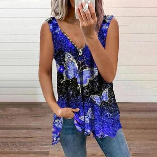 3XL Summer Women Tank Top Lady Sexy Butterfly Print V Neck Zipper Sleeveless Vest Fashion Causal Tops Daily T-shirt Plus Size