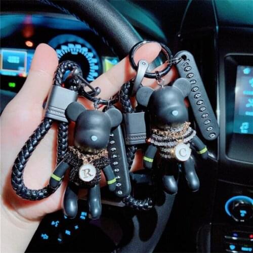 Fashion Cartoon Braided Rope Diamond Bear Korean Creative Bag Pendant Multifunction Car Key Chain Pendant