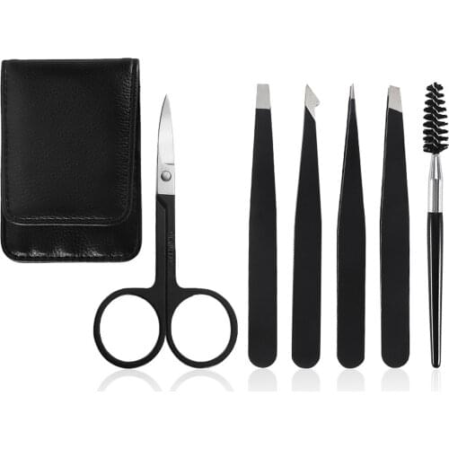 6pcs Eyebrow Tweezers Black Set with 4 Different Tweezers for Different Use 1 Scissors Along with 1 Eyelash Brush