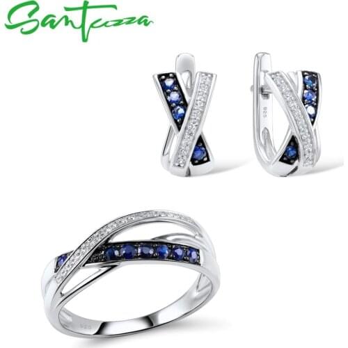 SANTUZZA Silver Jewelry Set For Women Shiny Cubic Zirconia Ring Earrings Set 925 Sterling Silver Wedding Band Fashion Jewelry