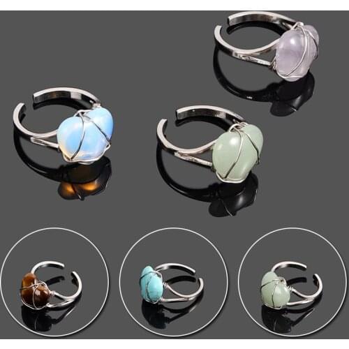 New Adjustable Natural Crystal Rings Women Quartz Wire Wrapped Heart Shaped Rings Party Wedding Jewelry Rings
