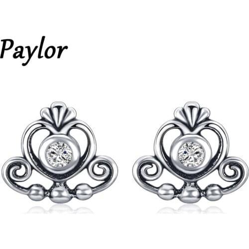 Paylor Cute Silver Color Princess Crown Earrings For Women CZ Zircon Crystal Female Kids Stud Earrings Party Birthday Gift
