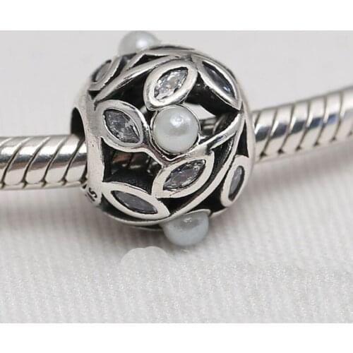 Fits European Charms Bracelet 925 Sterling Silver Beads Luminous Leaves Charm with Pearl & Clear Cubic Zircon Jewelry Original
