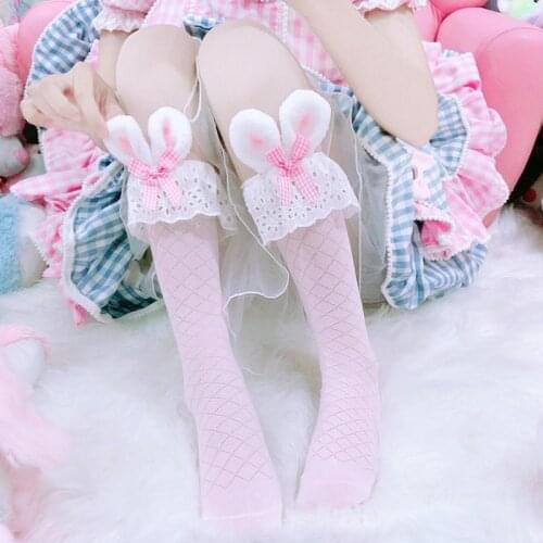 Pink Girls Kawaii Lolita Socks Cute Rabbit Ears Bowknot Sock Japanese Lace Ruffles Sock Lolita Cosplay Accessoriese Socks Gift