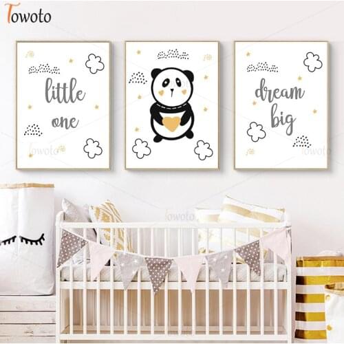 Yellow Heart Cute Panda Dream Big Little One Print Cartoon Canvas Painting Nursery Wall Art Baby Bedroom Decoratin Picture Decor