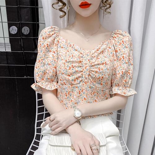 Floral chiffon shirt womens short-sleeved 2021 summer new French niche puff-sleeved short western-style blouse women