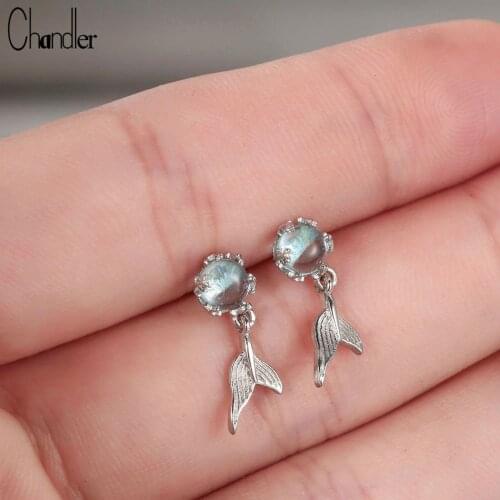 Chandler Blue Rhinestone Whale & Dolphin Mermaid Tail Stud Earrings for Women Wedding Earrings Ear Pierced Dangle Earing