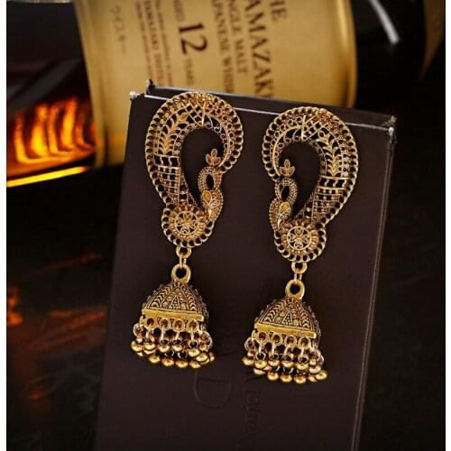 Vintage Antique Gold Peacock Hollow Gypsy Earrings For Women Ethnic Boho Afghan Bells Indian Earrings