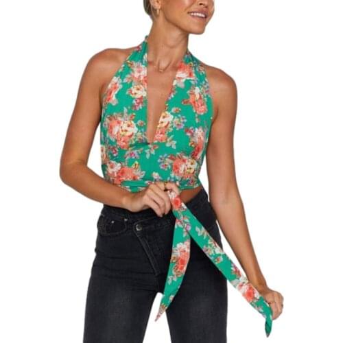 Womens Halter Crop Tank Tops Sleeveless Deep V Neck Floral Print Tie Knot Front Camisole