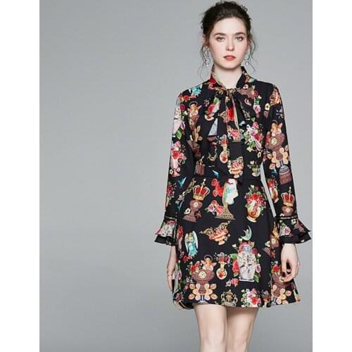 NRJ-5F-512-A-6371 Fashion Design Runway Dress 2020 Summer Women Flare Sleeve Angel Print Vintage Dress