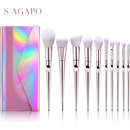 S'AGAPO 10pcs Laser Makeup Brushes Set Loose powder blush foundation highlight blooming eyeshadow Concealer beauty makeup tools
