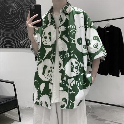 2021 summer panda graffiti casual short-sleeved mens large size shirt Hong Kong fashion INS loose fashion student shirt