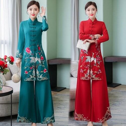Two Pieces Vintage Women Sets 2019 Autumn Embroidery Loose Long Tops And Wide Leg Pants Sets Casual Female Suits 2 Pieces AA4980