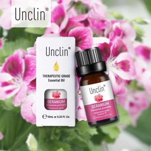 Unclin 10ml Geranium Pure Essential Oils With Gift Box For Aromatherapy Humidifier Relieve Stress Calmness Massage Essential Oil