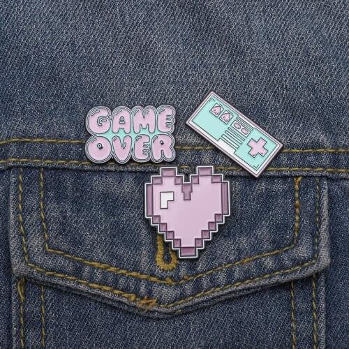 Pink Game Enamel Pin Bag Badge Heart Game over Brooches Clothes Lapel pin Custom Cartoon Retro Vintage Jewelry Gift for girls