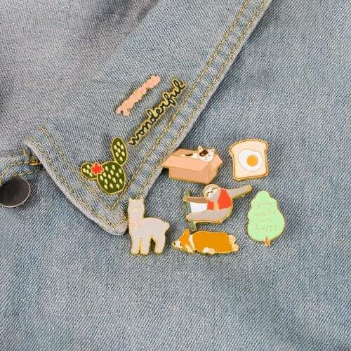 Corgi Sloth Alpaca Cat Enamel Pin Toast Cactus Tree Merci badge brooch Lapel pin Denim Jeans shirt bag Cartoon Jewelry Gift