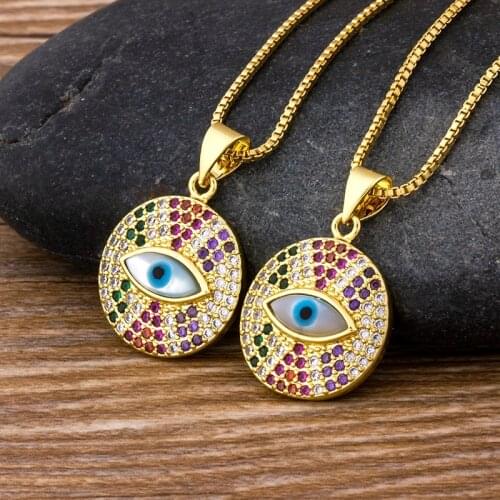 Hot Sale Rainbow Evil Eye Shape Pendant Necklace Women Luxury Crystal Statement Necklace Copper Zircon Round Chokers Jewelry