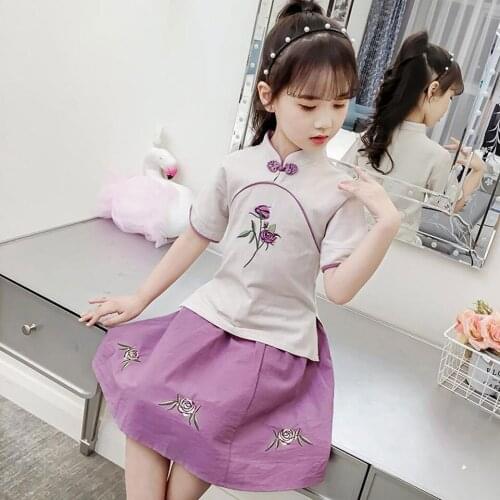 Hot Summer Baby Girls Clothes Sets Short Sleeve Tops Shirts + Skirt 2Pcs Casual Chinese Style Kids Children Girl Clothing Suit