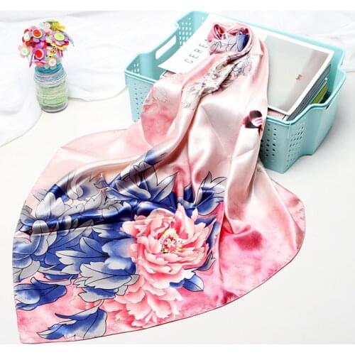 Fahsion Kerchief Silk Satin Hijab Scarf For Women Floral Print Head Scarfs Female 90*90cm Shawls and Wraps Scarves For Lady 2020