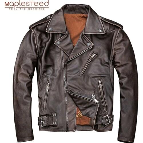 MAPLESTEED Brown Distressed Motorcycle Jacket Men 100% Calf Skin Classic Slim Leather Jacket Man Moto Biker Coat Winter 5XL M190