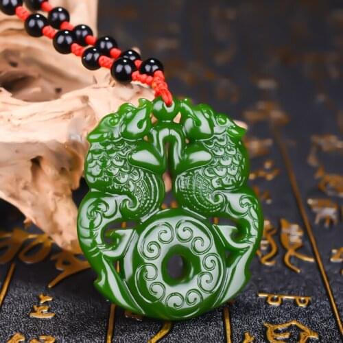 Natural Green Hand-carved Shuanglong Jade Pendant Jewelry Necklace Spinach Green Antique Pattern Shuanglong Jade Pendant