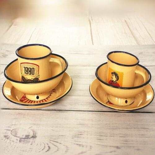 Nostalgic Old Fashioned Enamelled Cup Bowl Plate Restaurant Supplies Set Household High Quality Three-Piece Set Custom Lettering
