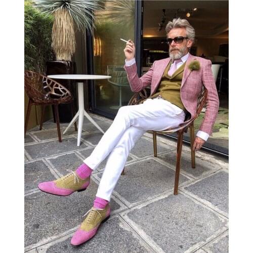 New Arrival Pink Plaid Costume Homme Men Suits With White Pant Slim Fit Tuxedo Wedding Groom Terno Masculino Blazer 3 Pieces