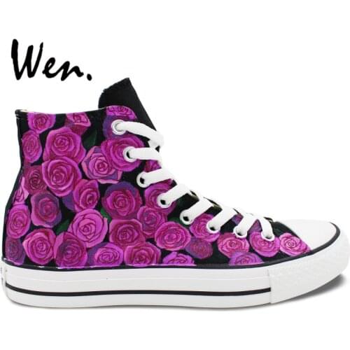 Wen Original Hand Painted Shoes Design Custom Purple Roses Flowers Birthday Gifts for Women Girls High Top Canvas Sneakers