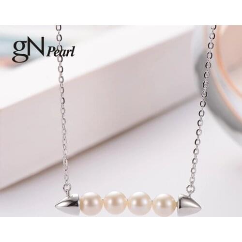 GN Pearl Pendants 925 Sterling Silver Minimalist Choker Necklaces gNPearl Real 5-6mm White Natural Freshwater Pearl Collar Chain