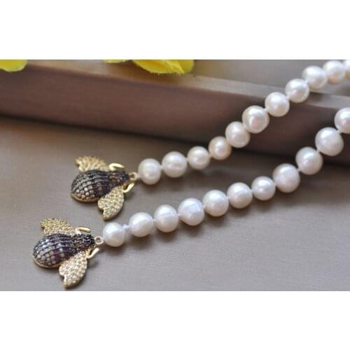 P7245 Lovely 31" 7mm Round White FW Pearl Necklace Dung-Beetle CZ