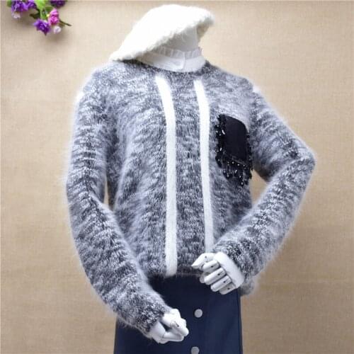 Top mujer female mink cashmere o-neck loose striped pullover angora rabbit fur knitted bottoming sweater blouses winter tops