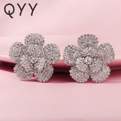 QYY Fashion Rhinestone Earrings for Women Accessories Silver Color Stud Earring Flower Earings 2021 Trendy Party Jewelry Gifts