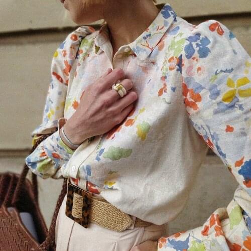 Smooth Flower Print Shirt Femme Long Sleeved Hauts Cuffs Classic Collar Chic Printed Blouse Elegant Casual Chemises Mujer