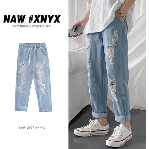 Ripped Overalls Jeans Spring Summer Trend Thin Cropped Trousers Slim Body Washed Blue Beggar Trousers Loose Streetwear Plus Size