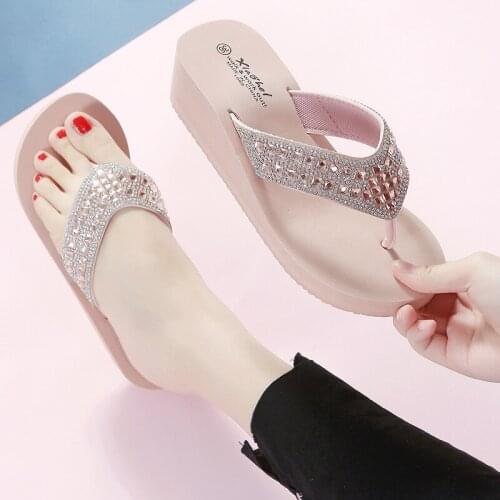 New slippers summer fashion Rhinestone for vacation rubber sole beach slope with flip flop girl