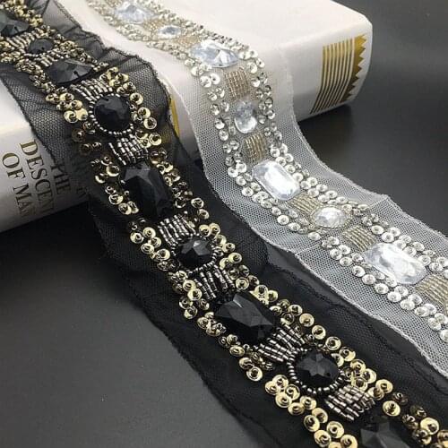 2Yards Handmade Beaded Rhinestone Lace Trim 6.5cm Sew On Crystal Sequins Ribbon Mesh Trim DIY Collar Belt Sewing Accessories