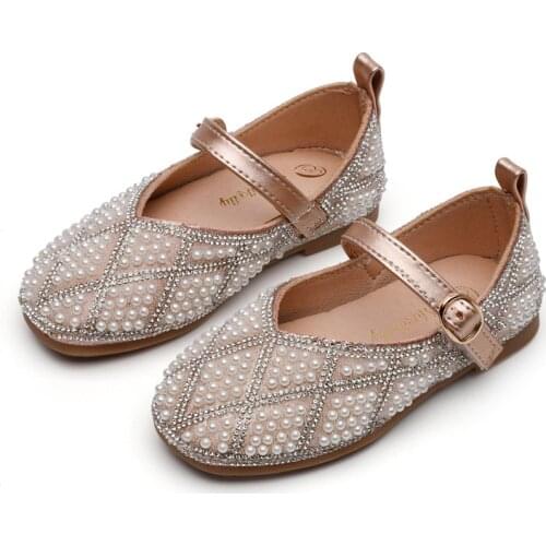 Girls pearl princess shoes 2021 spring new foreign style diamond childrens small leather shoes student performance shoes 23-34