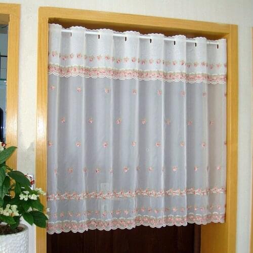Countryside Door Curtain Luxurious Pink Flower Embroidered Window Screen Valance Coffee Curtain for Kitchen Cabinet Door tt-0101